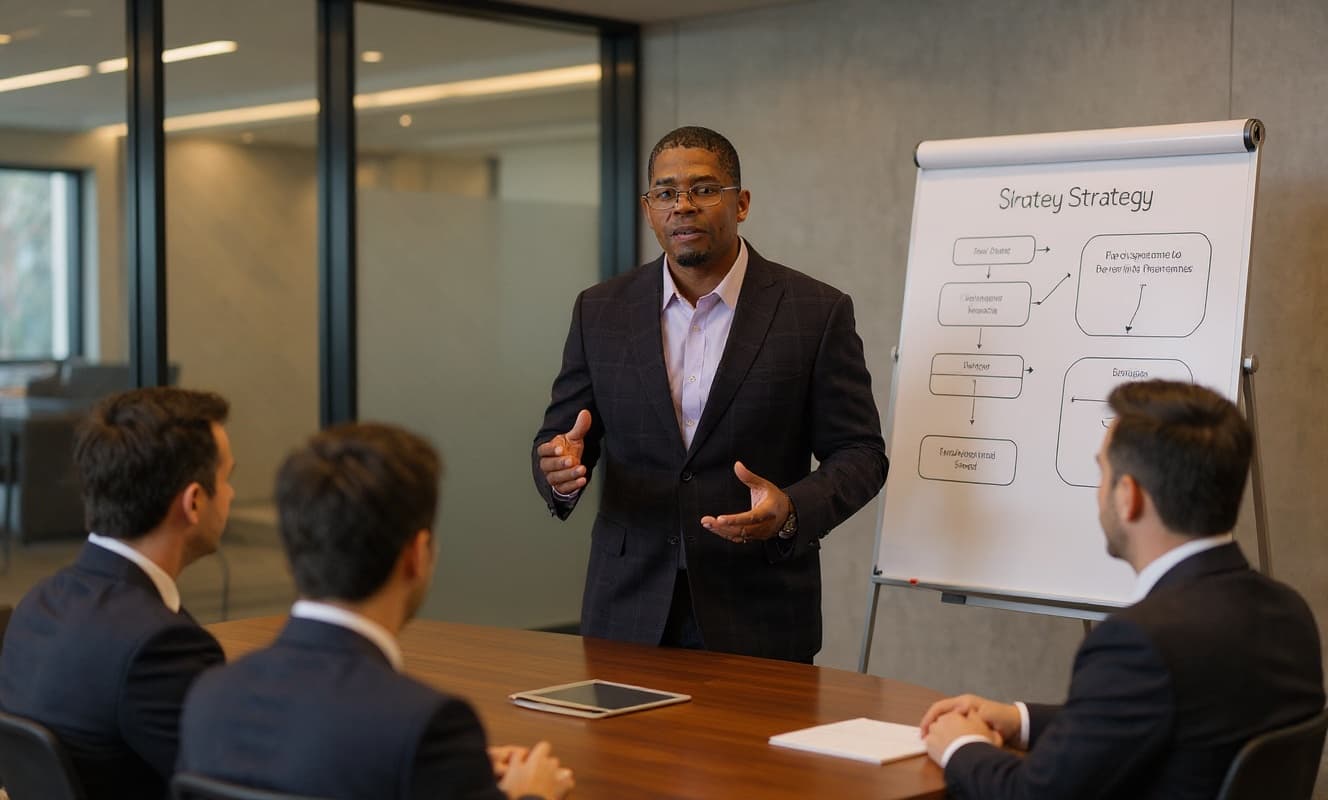 Lee Wells Jr presenting strategy to clients at Good 4 The People